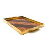 Brass and inlaid woods tray, italy 1970s
