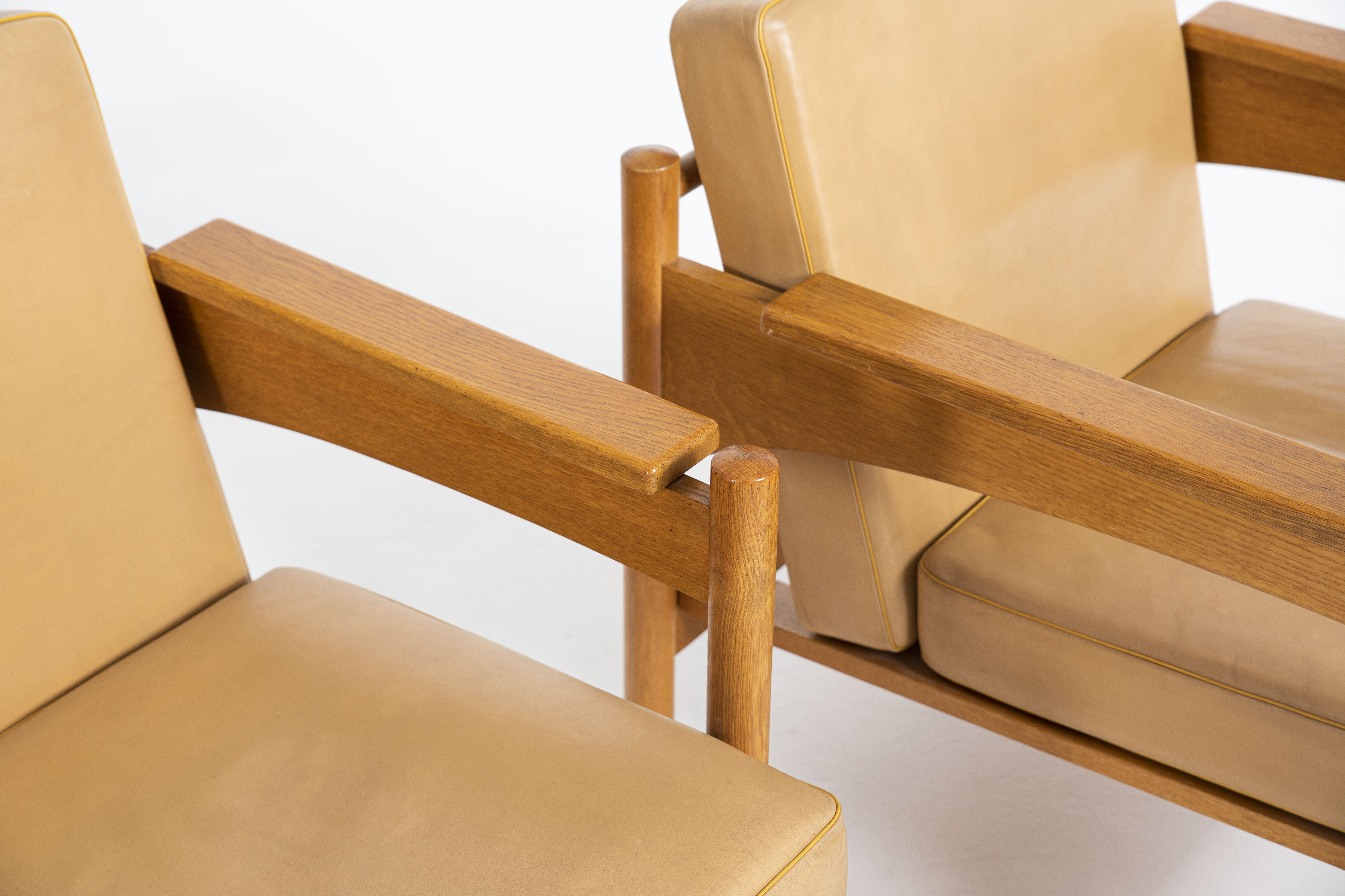 Pair of Oak and Leather Armchairs by Uluv Krasna Jizba, 1960s