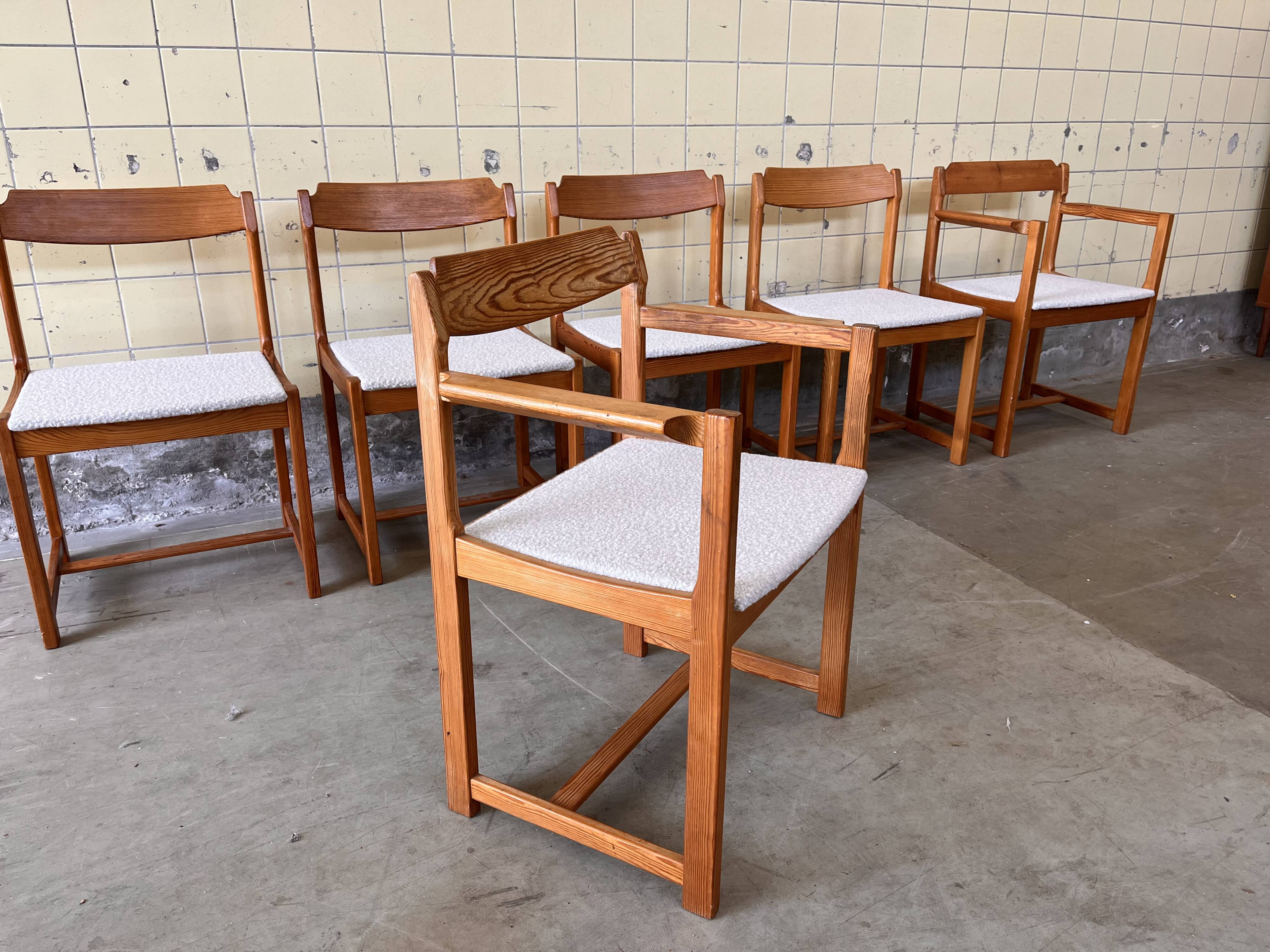 Set of six brutalist dining chairs in pine