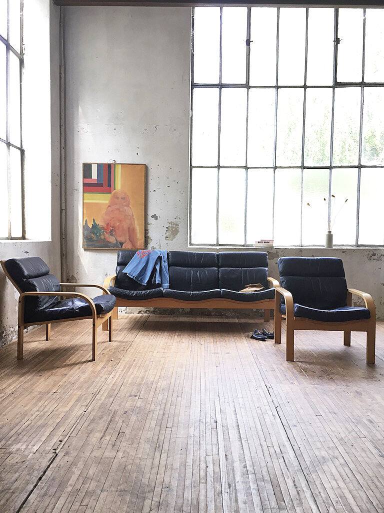 Danish sofa and armchairs curved wood and leather