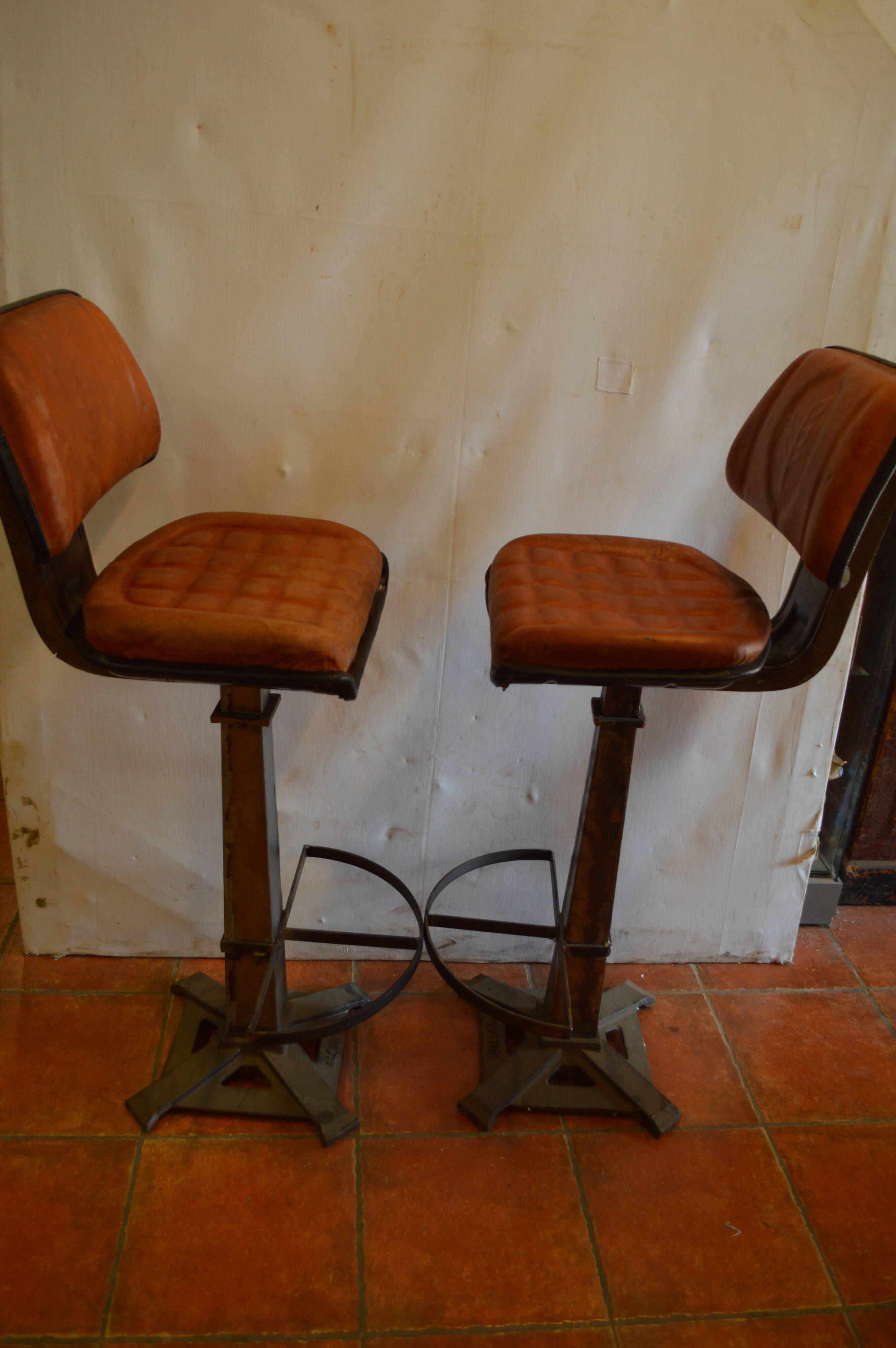 Industrial iron and leather bar stools
