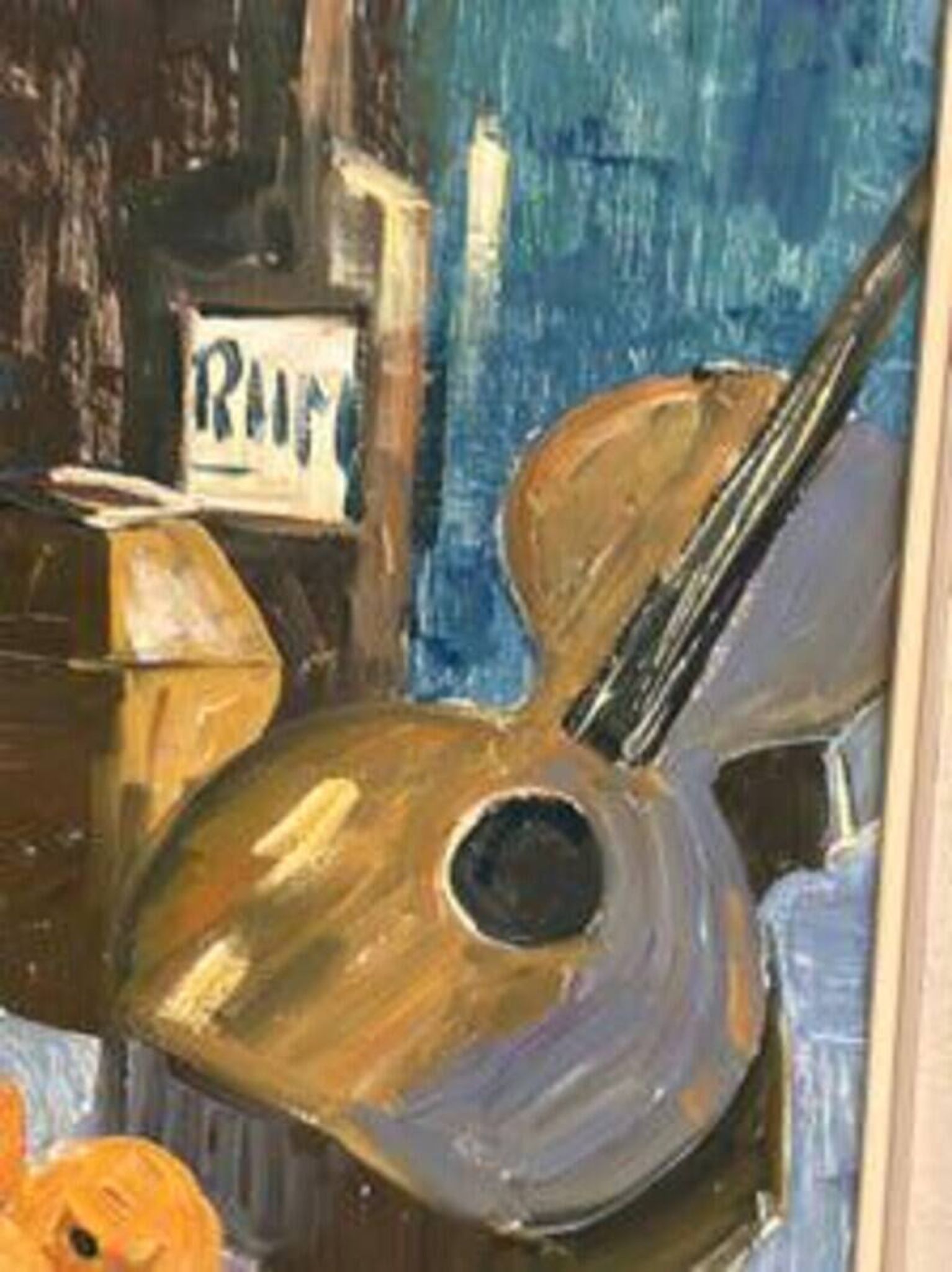 Original Swedish Oil on Canvas – "Guitar and Rum" – Signed – Vintage and Framed – 53 × 34 cm (20.9" × 13.4")