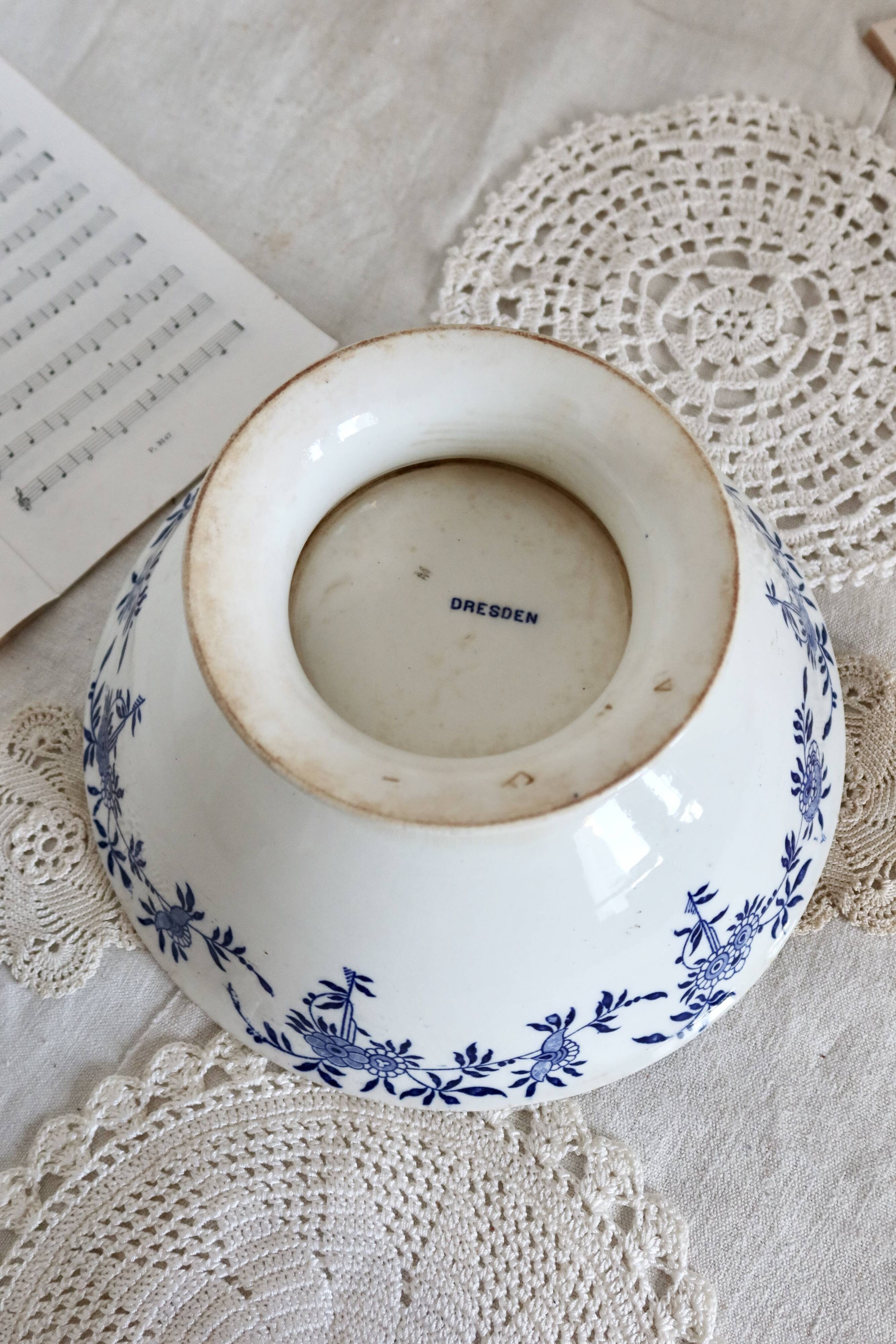 Vintage porcelain salad bowl Dresden - Blue and white floral pattern