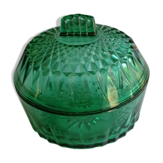 Candy or sugar bowl arcoroc, emerald green, faceted glass 60 years