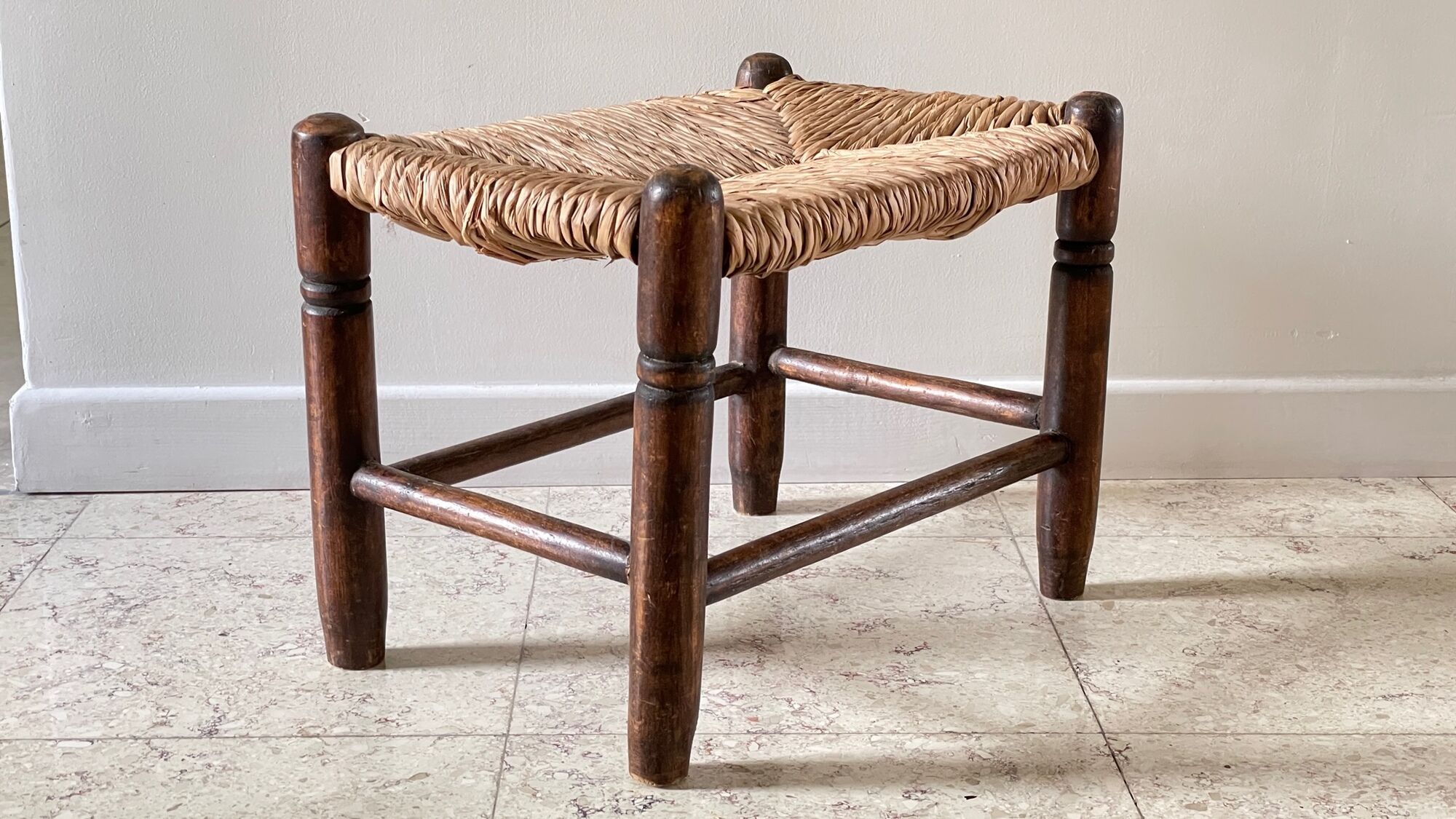 Stool bench wood and straw vintage bohemian spirit