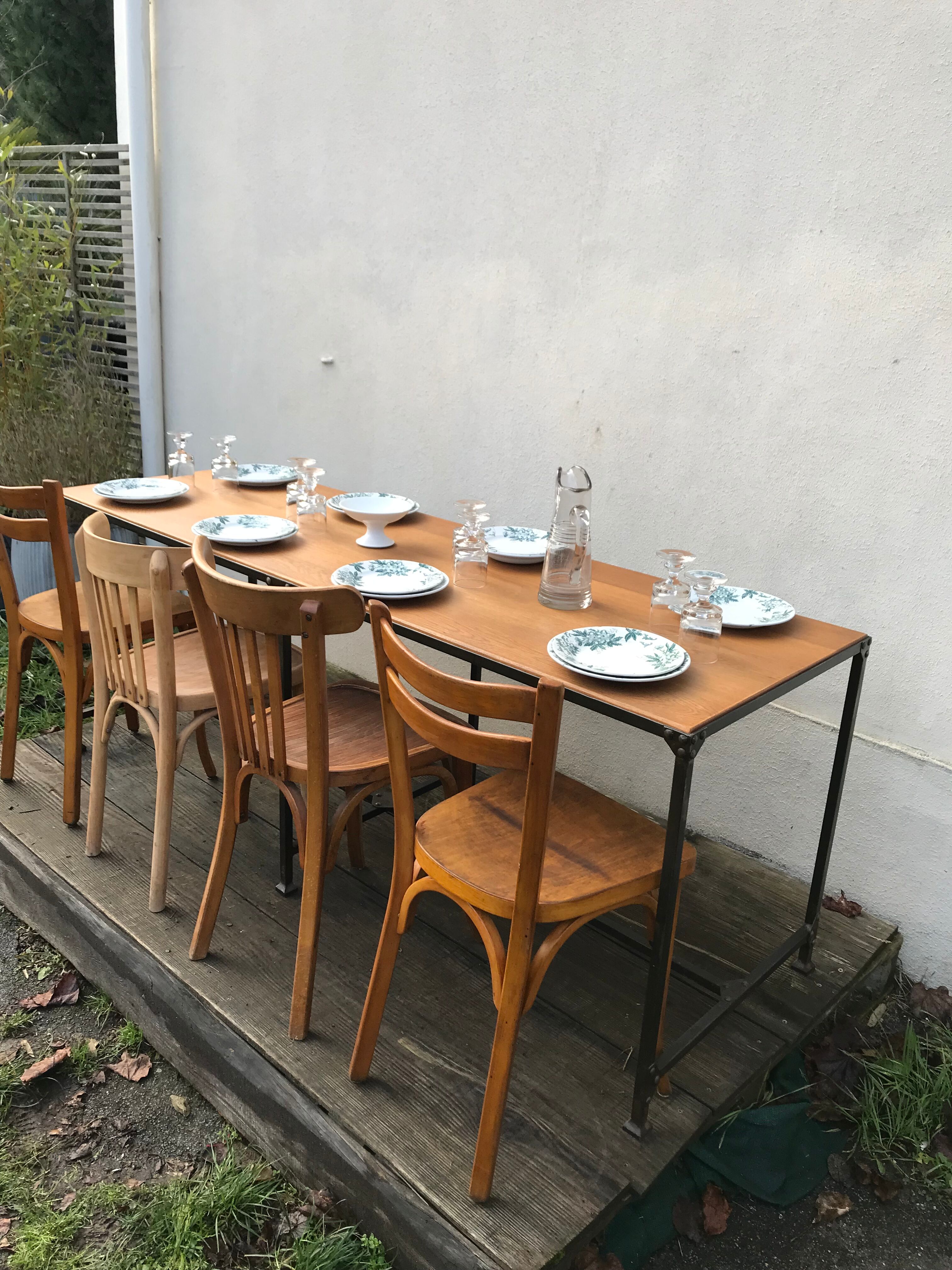 Vintage steel workshop table and oak top