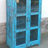 Armoire vitrée en bois ancien bleu