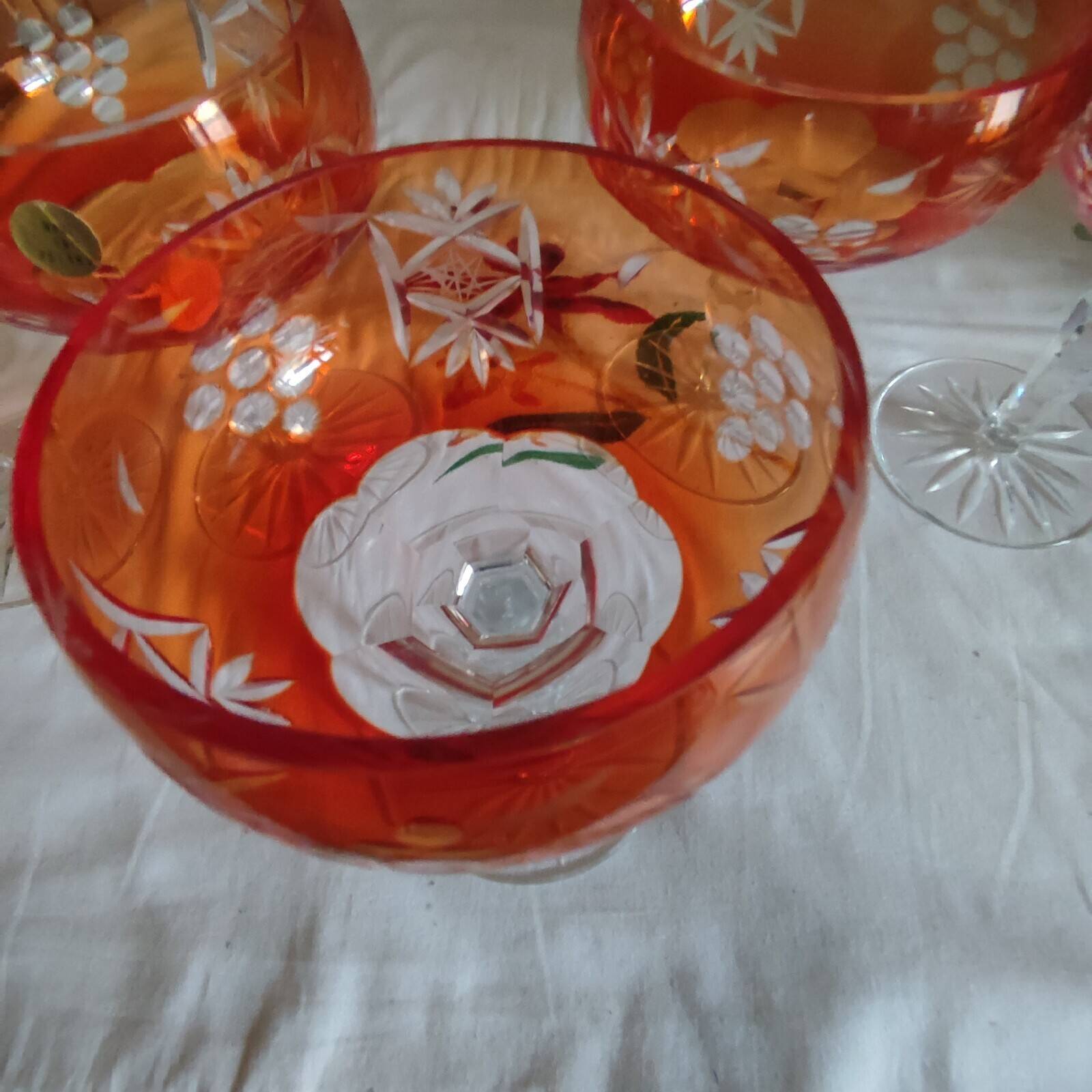 Five antique orange cut crystal champagne glasses with grape cluster decoration Poland