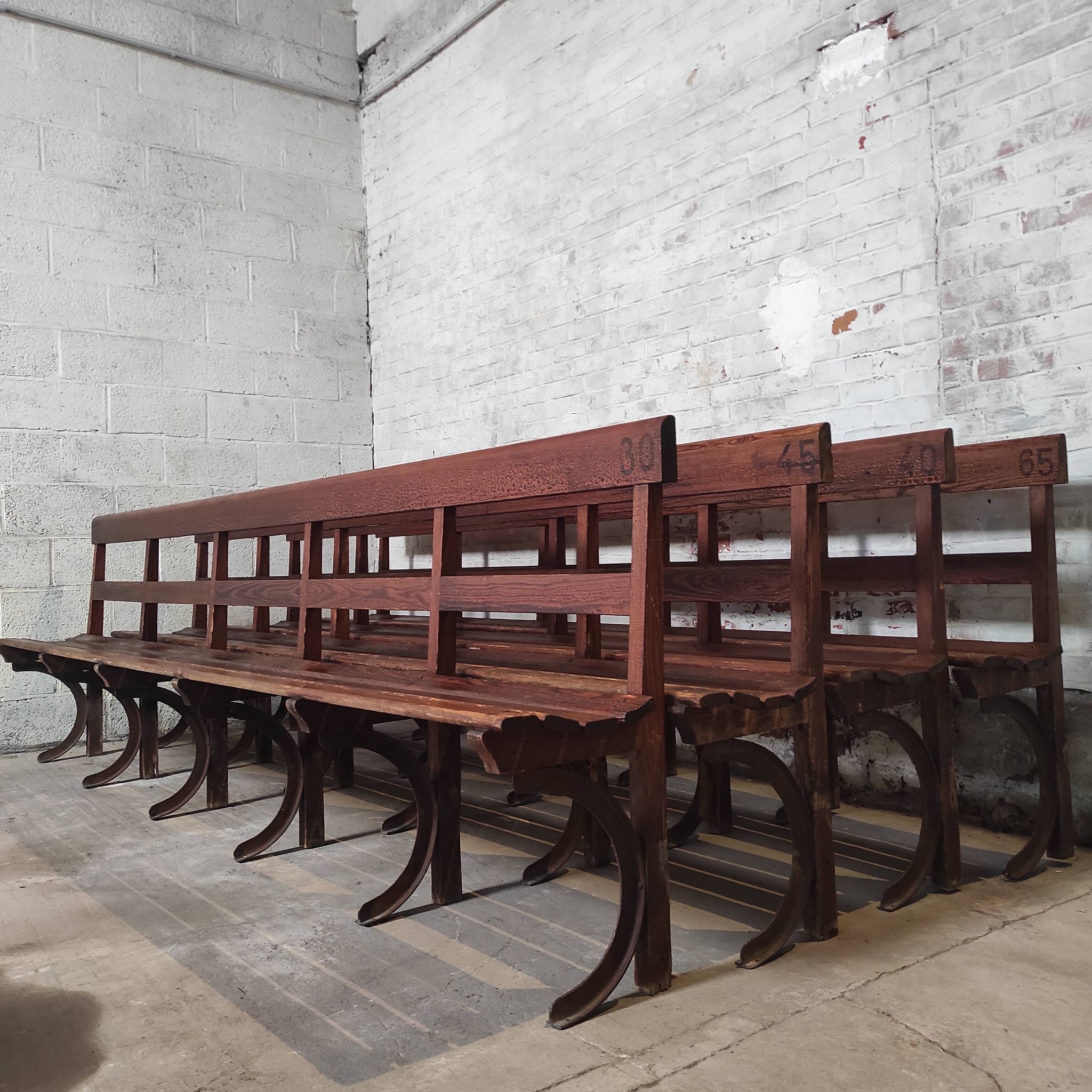 Long Wooden Church Pew | Antique Bench with Cast Iron Details | Seating