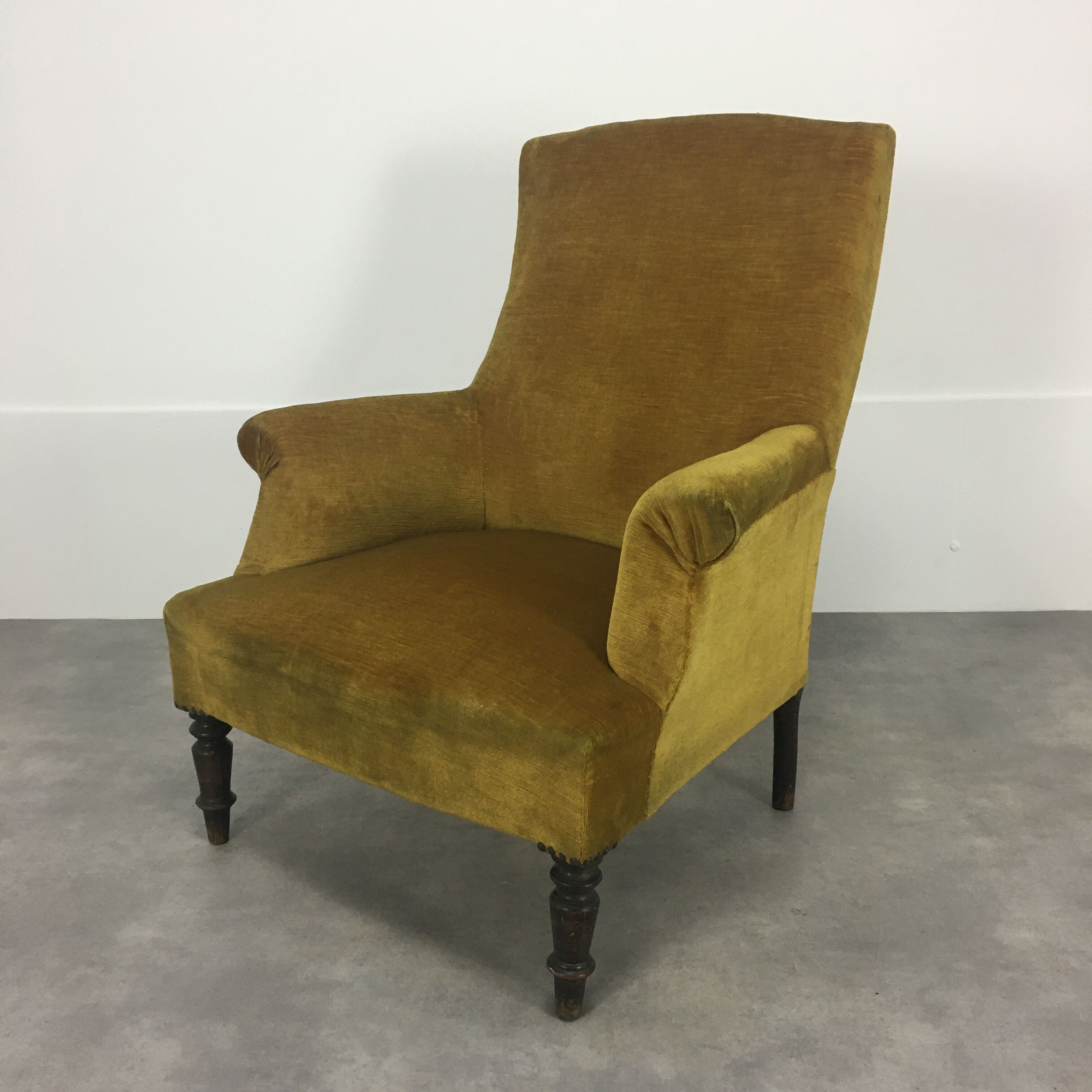 English armchair Napoleon III in mustard yellow velvet