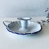 Antique candle holder in white and blue enamelled metal