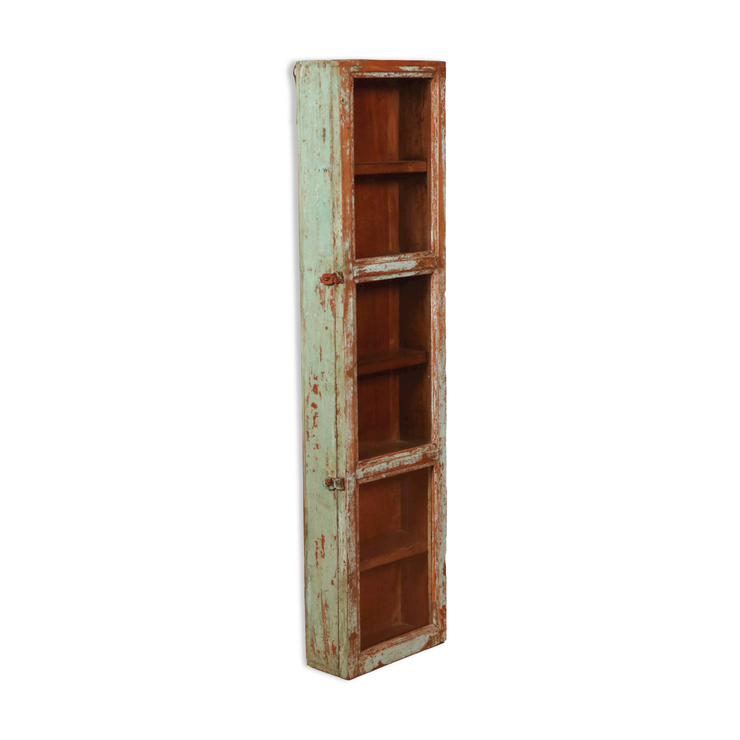 Old original Burmese teak wall display case with green patina
