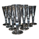 Portieux? Meisenthal? Set of 10 cut glass champagne flutes with flat sides from 1900.