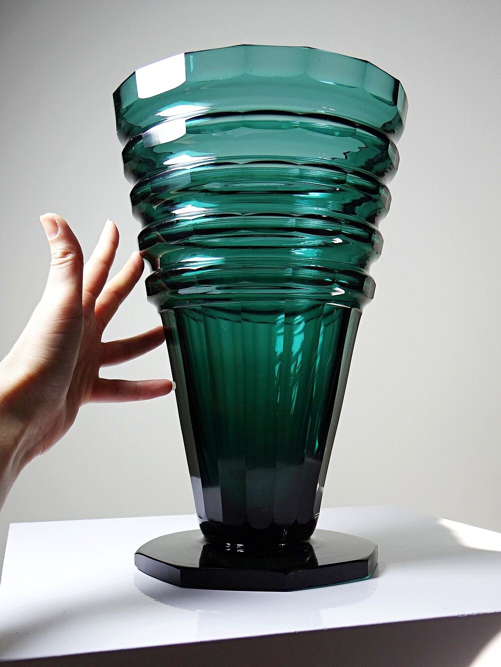 Large antique Art Deco emerald cut crystal vase, Bohemia 1920-1930
