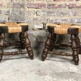 Set of 2 stools in wood and woven straw vintage 1960