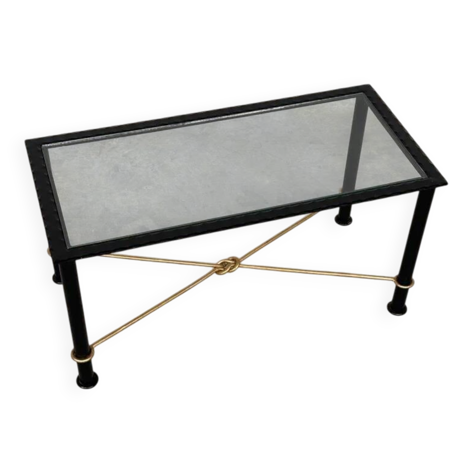 Vintage Coffee Table in Textured Black Wrought Iron and Glass with Gold Detail, 1970s