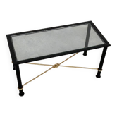 Vintage Coffee Table in Textured Black Wrought Iron and Glass with Gold Detail, 1970s