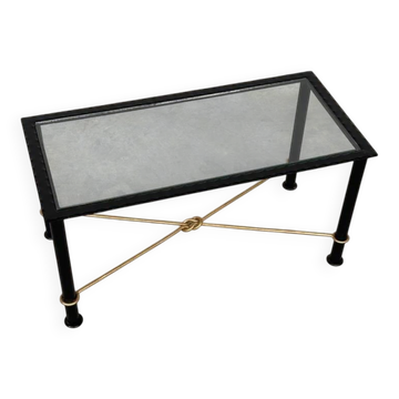Table basse vintage en fer forgé noir texturé et verre avec détails dorés, années 1970