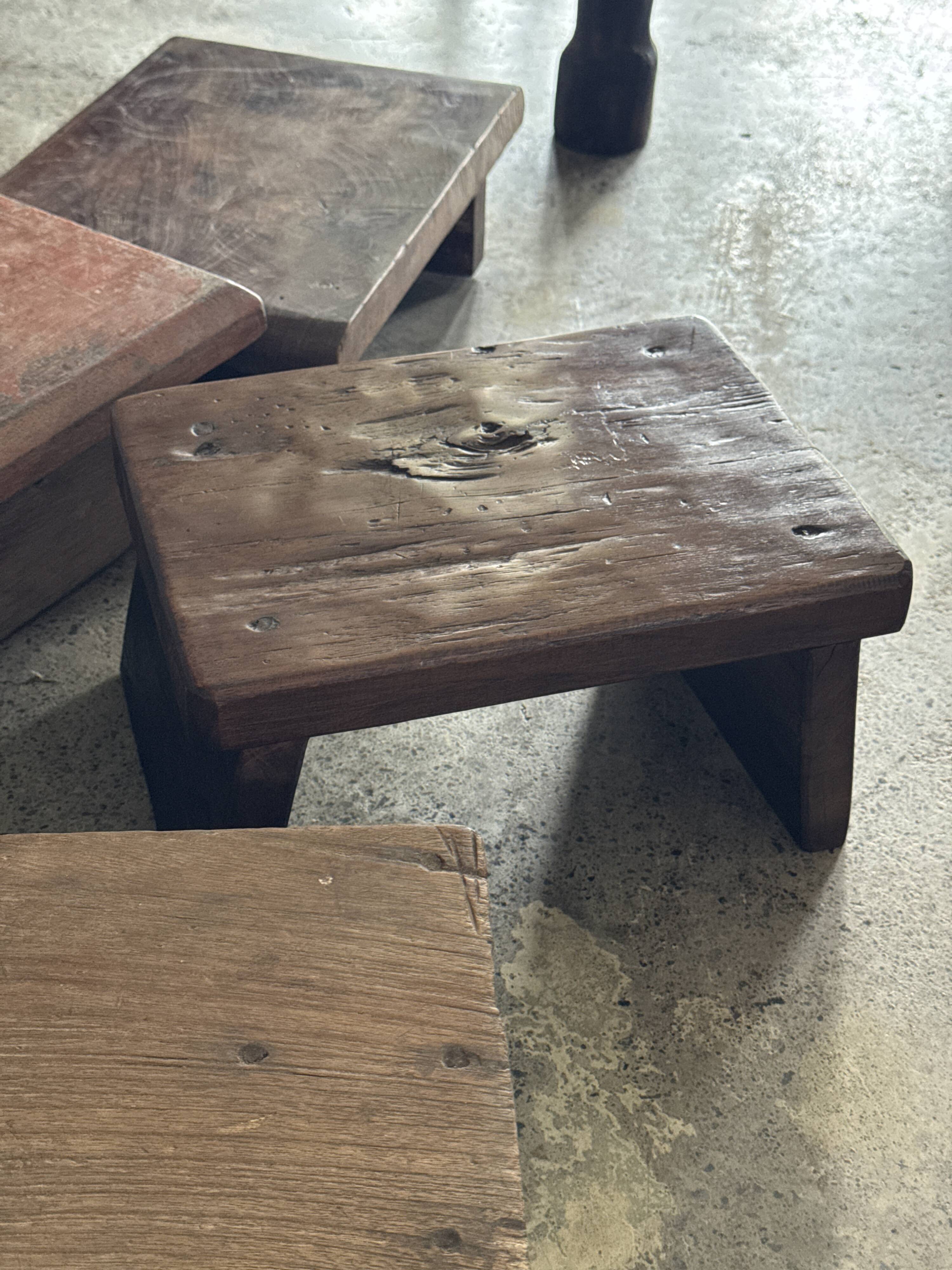 Small auxiliary stool in organic chocolate brown upcycled teak (3277)