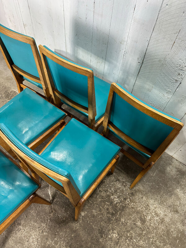 Suite de 6 chaises vintage années 50/60 – bois et skaï bleu turquoise