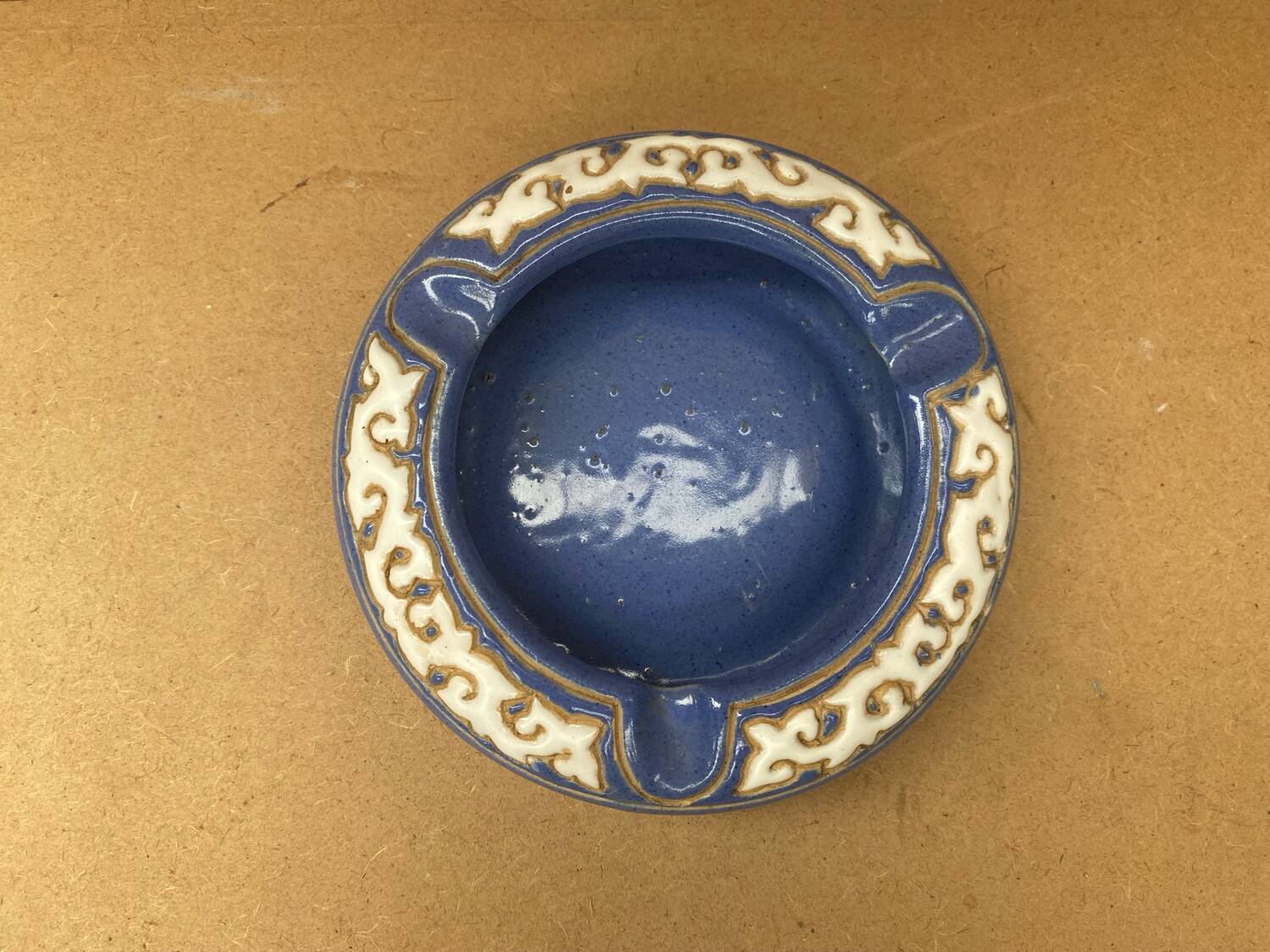 Antique Blue Glazed Ceramic Ashtray White Relief Decor Vintage