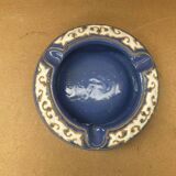Antique Blue Glazed Ceramic Ashtray White Relief Decor Vintage
