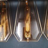 Triple vintage wall lights in brass and beveled glass to be electrified E14