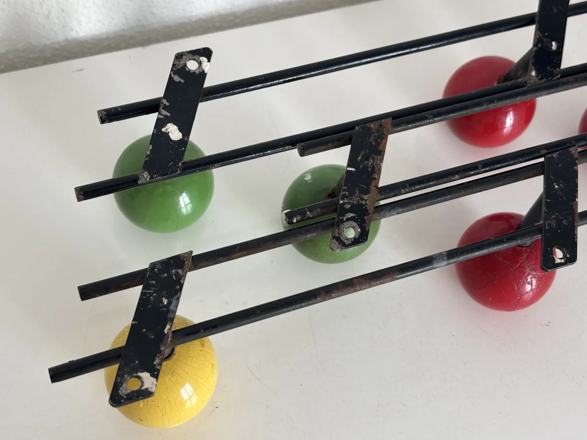 Vintage 1960s tricolour coat rack trio with 3 ball hooks - 45 x 6 / 2