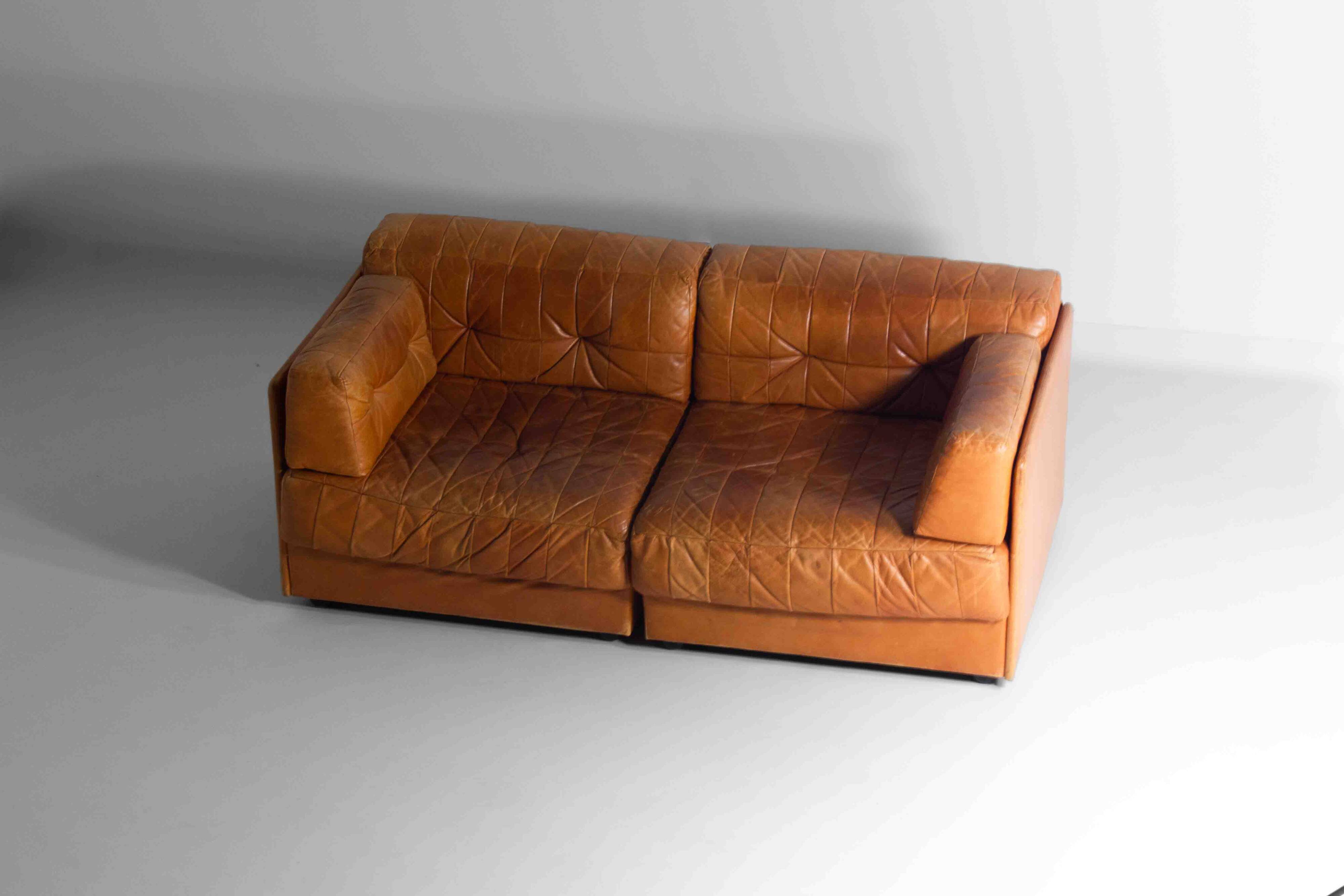 Vintage patchwork leather sofa in caramel leather, Germany 1960s