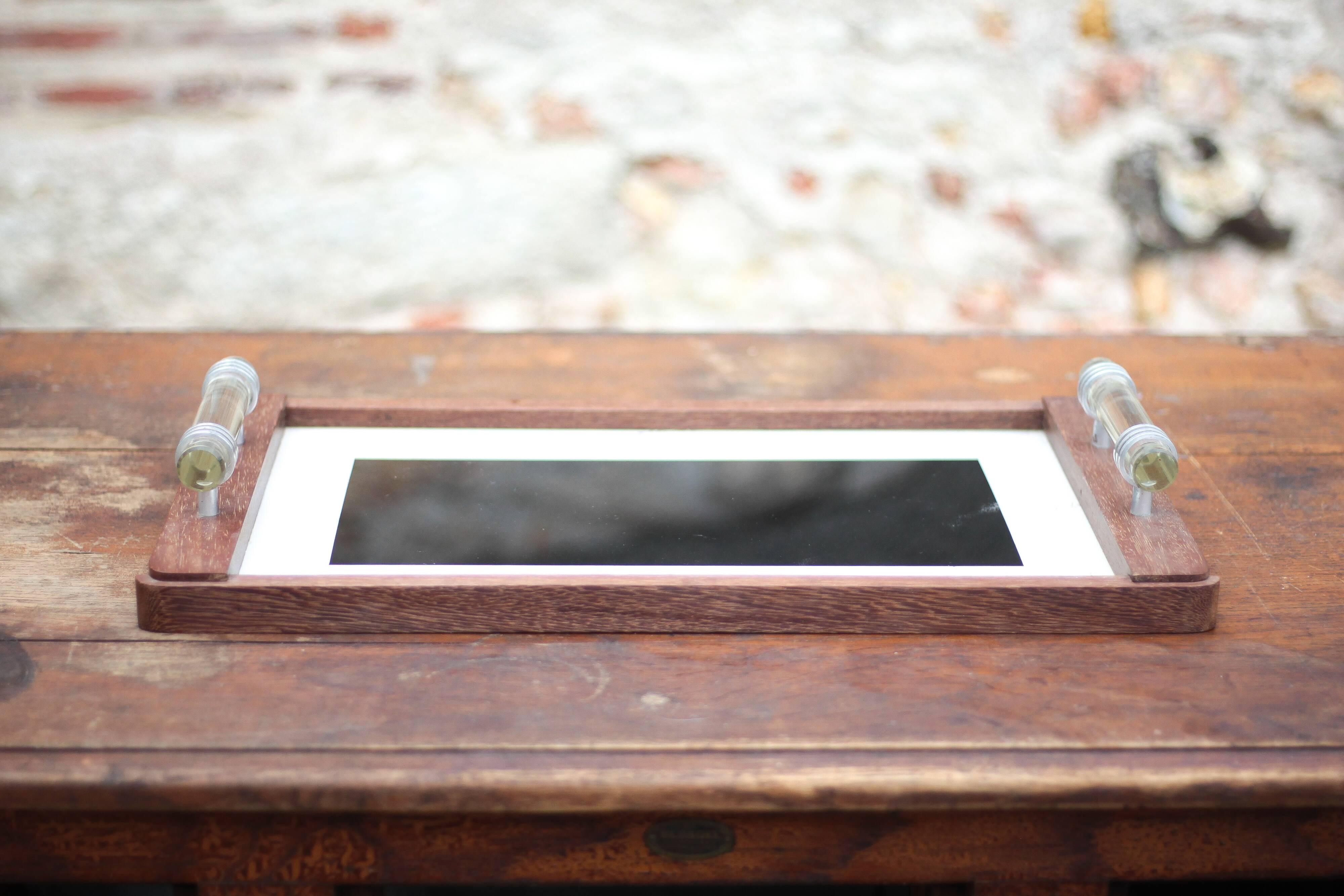 Art deco wooden tray, wooden tray with glass handles, breakfast tray
