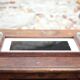Art deco wooden tray, wooden tray with glass handles, breakfast tray