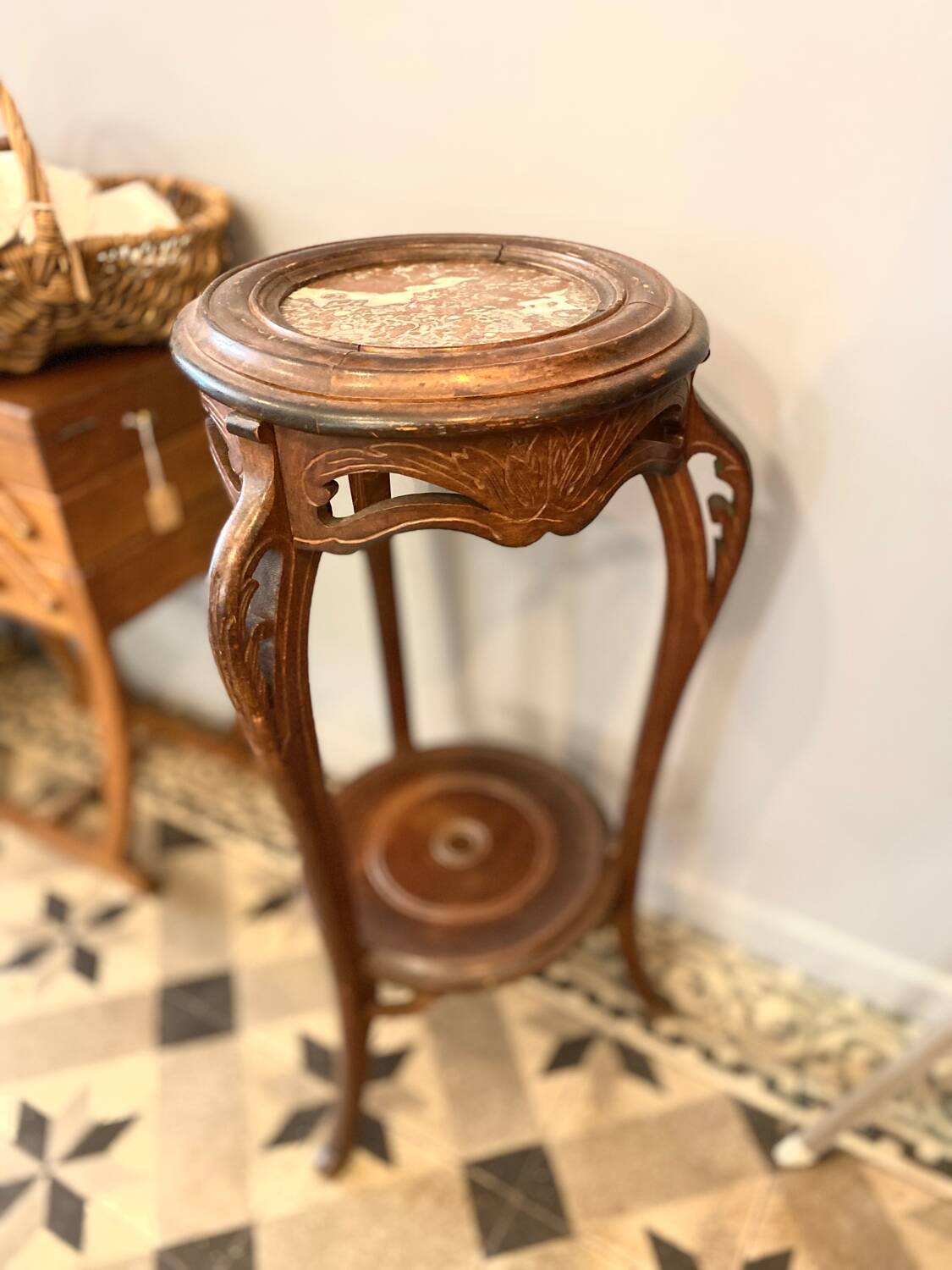 Art Nouveau wooden and marble stool