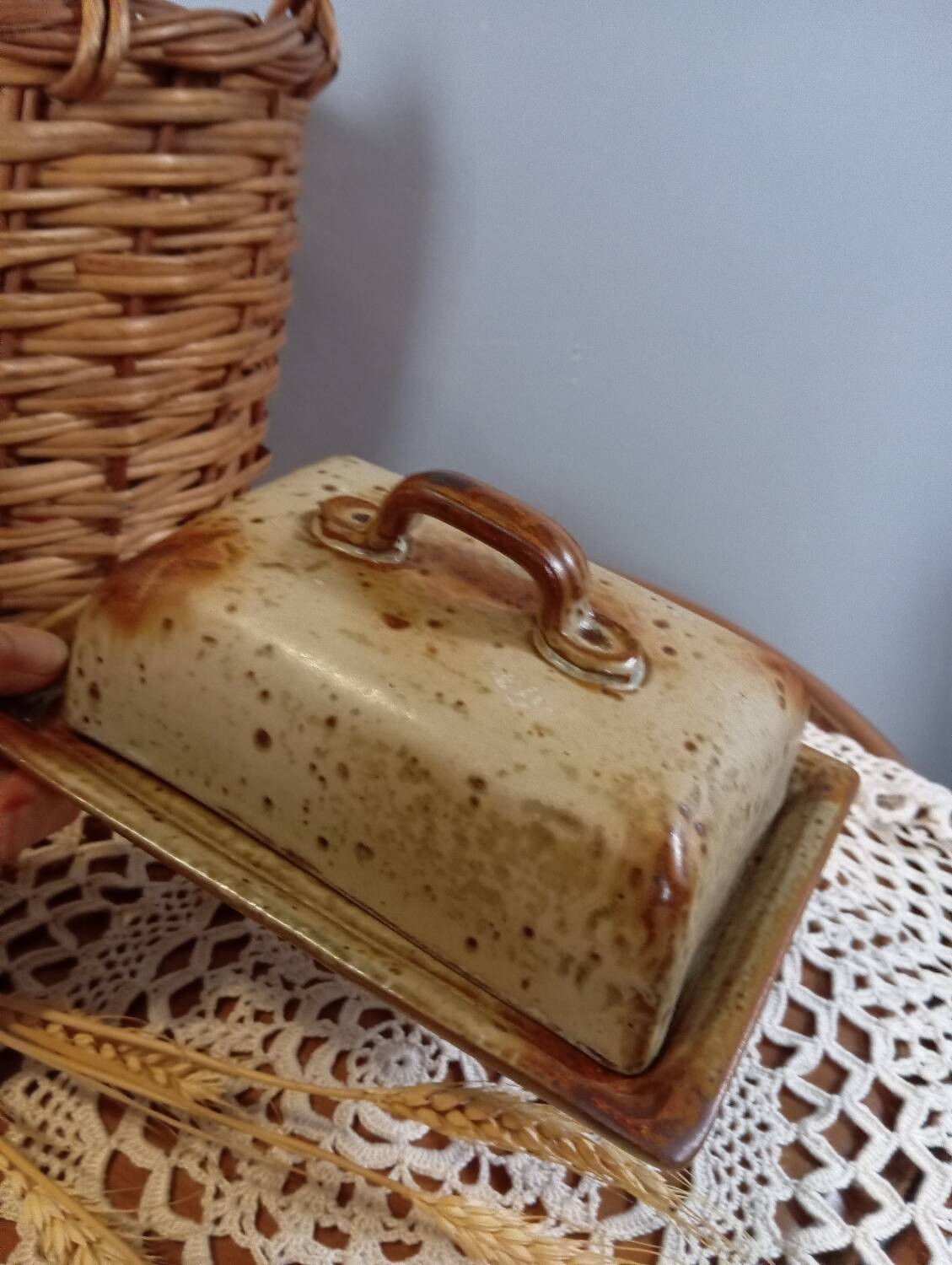 Rectangular butter dish in pyrite stoneware, vintage 1970
