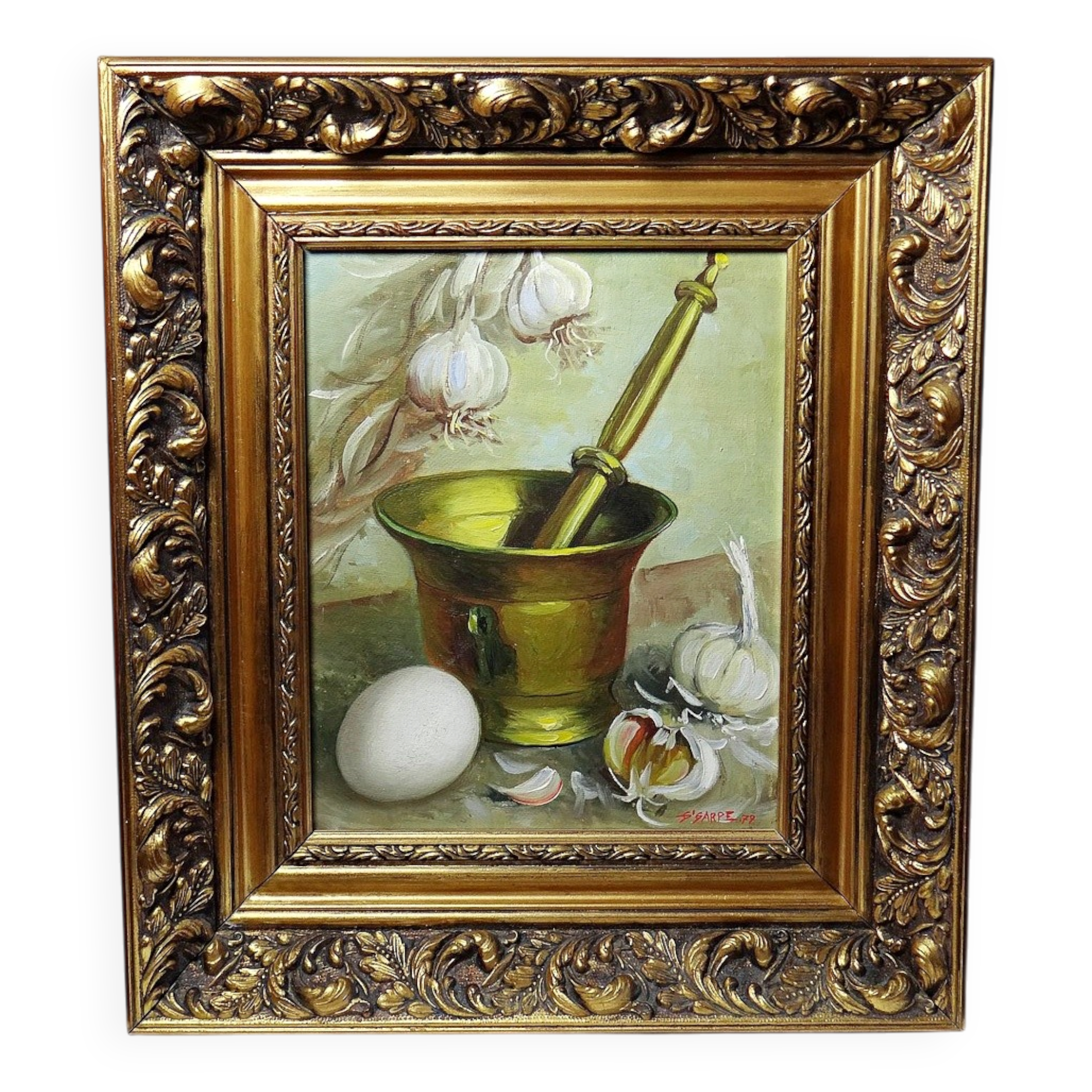Still life with garlic, egg, and mortar signed Sarpe, 1979, oil on canvas.
