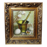 Still life with garlic, egg, and mortar signed Sarpe, 1979, oil on canvas.