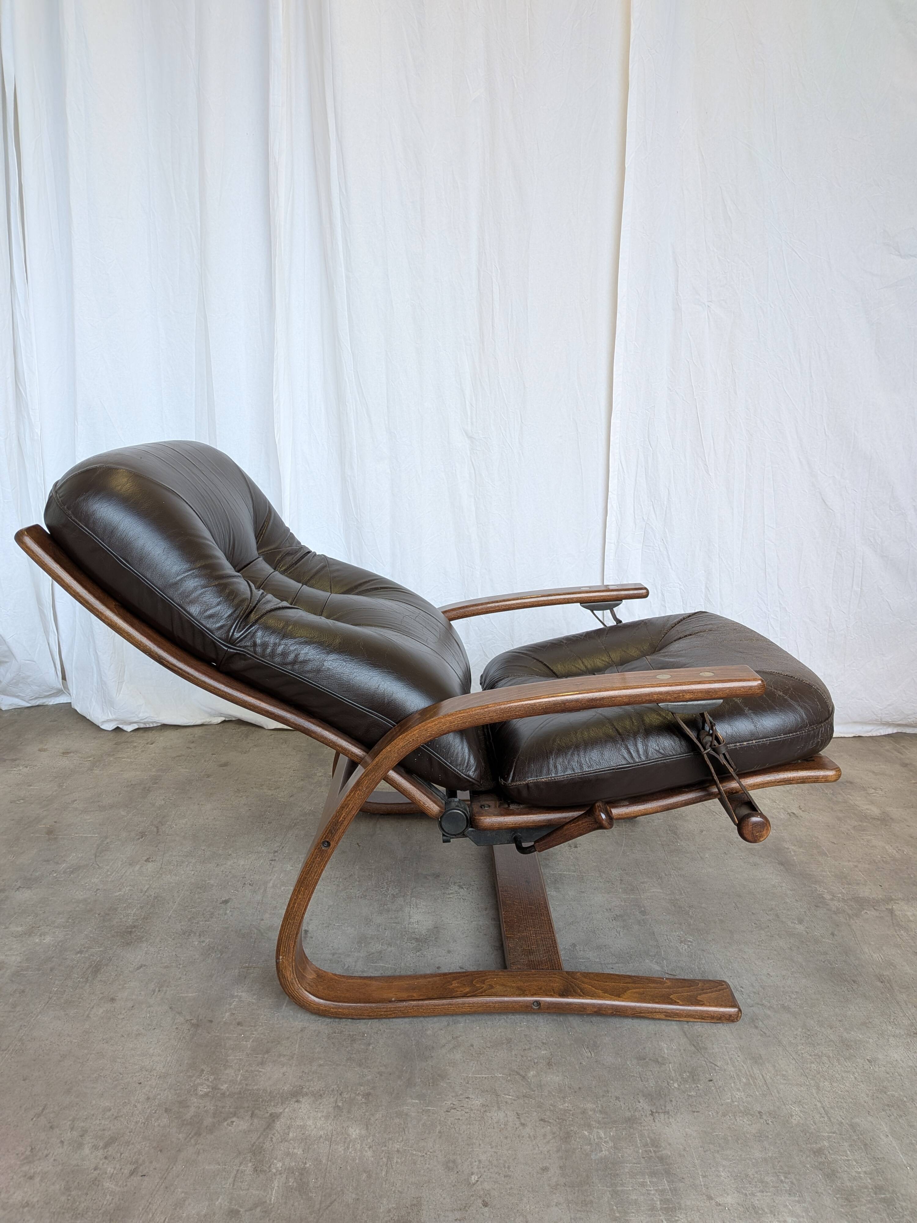 Vintage Panther Lounge Chair with Ottoman / Brown Leather Recliner Armchair