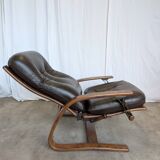 Vintage Panther Lounge Chair with Ottoman / Brown Leather Recliner Armchair