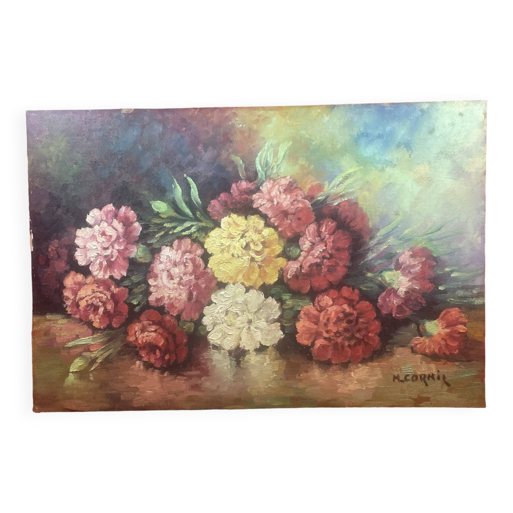 Bouquet of flowers on table oil on isorel panel signed M. Cornil