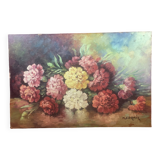 Bouquet fleurs sur table huile sur panneau isorel signe M. Cornil