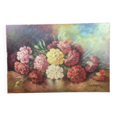 Bouquet of flowers on table oil on isorel panel signed M. Cornil
