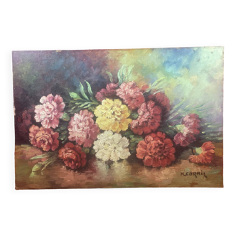 Bouquet fleurs sur table huile sur panneau isorel signe M. Cornil
