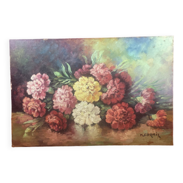 Bouquet of flowers on table oil on isorel panel signed M. Cornil