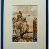 Modern painting of the Bridge in Venice attributed to Guy Petit.