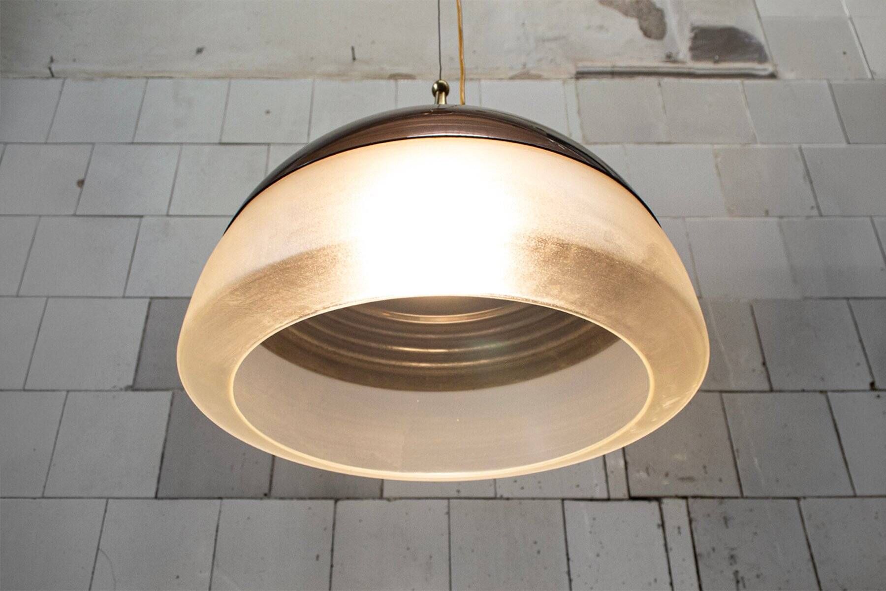 Suspended lamp model 1238 in aluminium and glass by Stilnovo, Italy, 1960s.