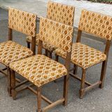 4 Henri II chairs in solid wood and yellow-beige velvet.
