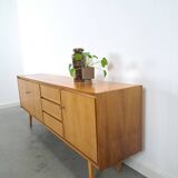 Mid-century notenhout fineer dressoir met 3 lades