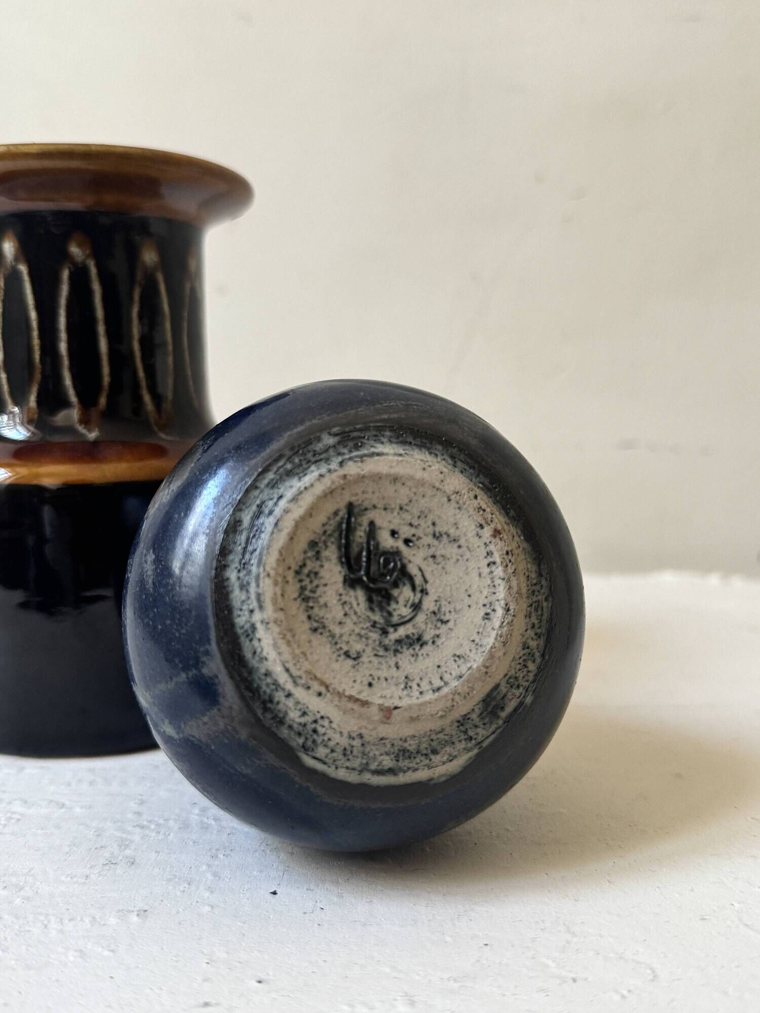 Night blue glazed ceramic vase, signed, circa 1950.