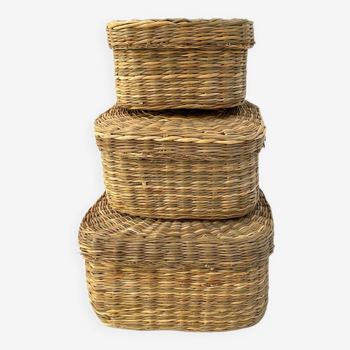 Vintage trio of small rattan nesting baskets