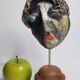 Signed raku ceramic mask, on wooden base – Expressive sculpture 28 cm