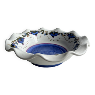 Small hand-painted earthenware salad bowl with garland of blue flowers, mark below